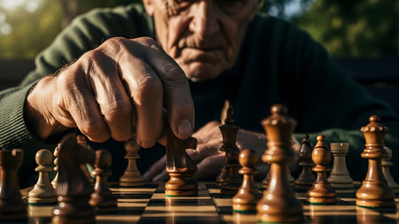 A senior man's hand is positioned over a chess piece on a wooden board, with a blurred outdoor...の写真素材