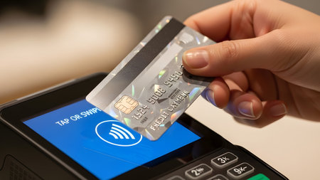 Silver showing hand tapping silver credit card on point of sale terminal for contactless...