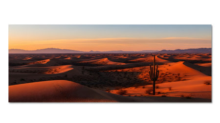 Sunset showing panoramic desert landscape with saguaro cactus at sunset with orange hues.の写真素材