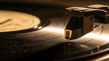 A close-up macro shot of a record player needle on a dusty black vinyl record, with warm light...