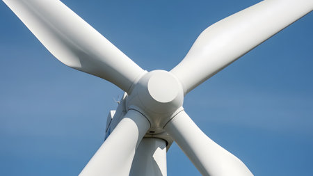 Blue showing detailed view of a white wind turbine rotor with three blades against a clear blue...