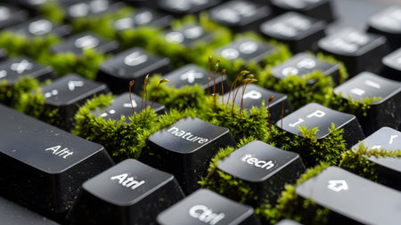 Green moss and delicate sprouts emerge from the keys of a black computer keyboard, blending...