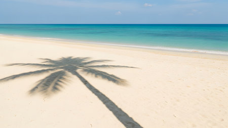 A tranquil tropical beach soft white sand, a calm turquoise ocean, and the distinct shadow of a...の写真素材