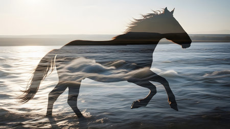 Running showing horse silhouette running through water with sunny sky and ocean horizon.の写真素材
