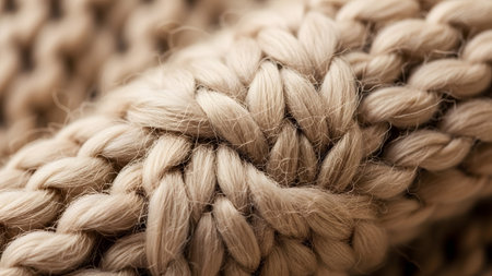 Wool showing thick beige wool yarn knitted fabric close-up texture detail. resolution