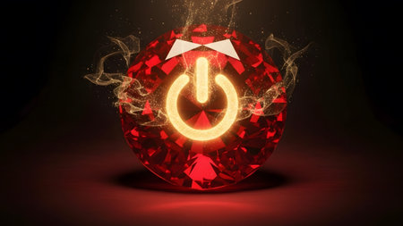 A red faceted gemstone with a brightly lit power symbol and swirling golden energy trails,...