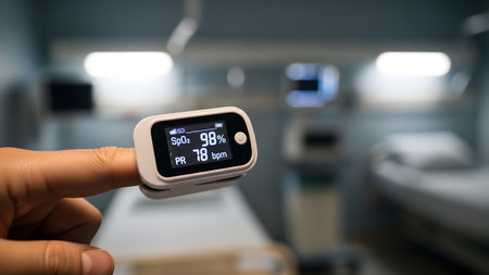 Setting showing pulse oximeter device attached to finger showing spo2 and pulse rate in hospital...の写真素材