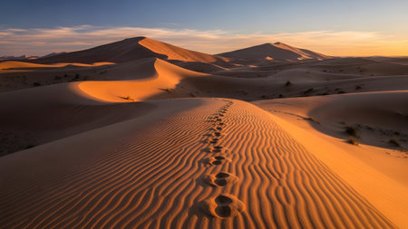 Footprints showing golden hour sunset illuminates footprints on rippled sand dunes.の写真素材