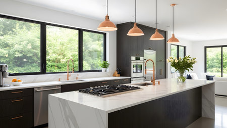 Pendant showing contemporary kitchen with dark wood cabinets white island and copper pendant...
