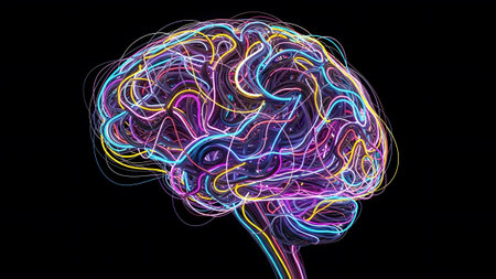 A human brain is intricately formed by a dense weave of colorful, glowing neon light strands on...