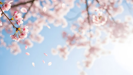 Pink cherry blossom flowers and scattered petals float against a clear blue sky, with soft focus...の写真素材