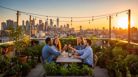 (1687) showing friends toasting with wine on a city rooftop at sunset surrounded by plants.の写真素材