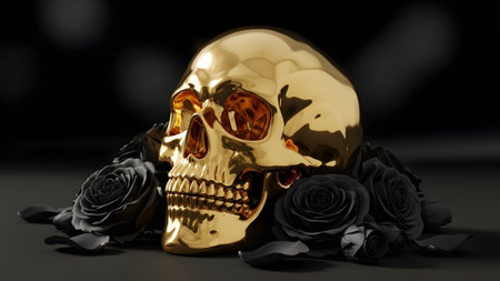 Black showing polished gold skull with black roses in a moody dark setting. resolution...の写真素材