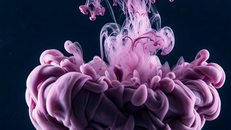 A dramatic purple ink cloud expands in dark water, creating a complex, blooming form with...の写真素材