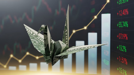Market showing origami dollar bill crane against a blurred background of stock market charts....の写真素材