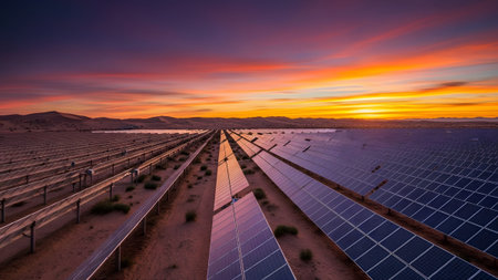 A vast solar panel field stretches across a desert landscape under a richly colored sunset sky.