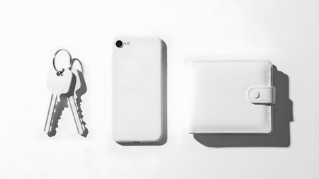 A white smartphone, two keys on a ring, and a white leather wallet are displayed on a white...