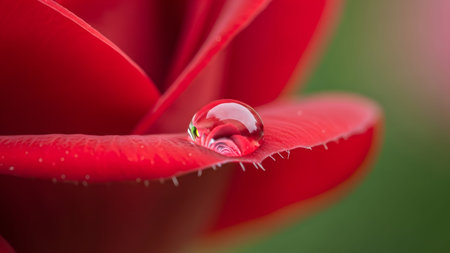 Water showing macro of red rose petal with water droplet reflecting flower.の写真素材