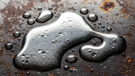 A close-up view of a metallic liquid forming irregular puddles with numerous small bubbles on a...