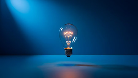 Incandescent showing illuminated incandescent light bulb floating in front of a dark blue...の写真素材