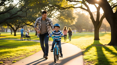 A father walks alongside his son on a bicycle on a sun-dappled path in a green park at sunset.の写真素材