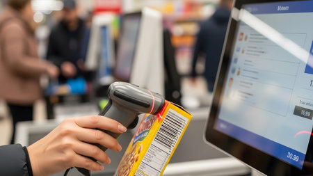 Using showing hand using a barcode scanner on a cereal box at a supermarket self-checkout with...