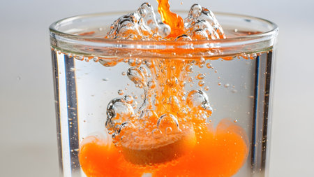 Effervescent showing orange effervescent tablet dissolving in clear water creating bubbles and...の写真素材