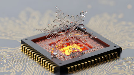 A detailed ice snowflake with water droplets rests on a black processor chip with glowing orange...
