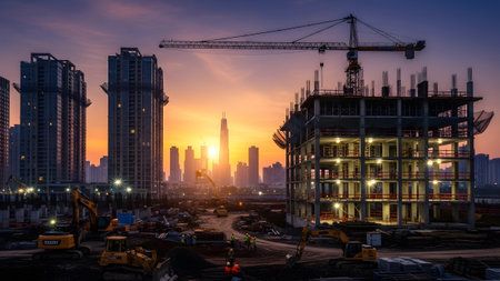 Sunset showing construction site with cranes and buildings at sunset with orange sky.