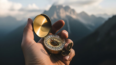 Stock showing close-up of hand holding open brass compass with detailed dial against blurred...