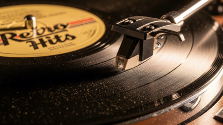 Record showing close-up of a vintage record player stylus and cartridge on a spinning black vinyl.