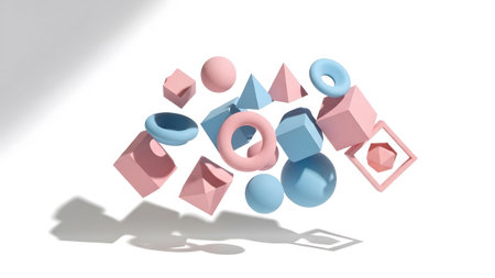 Background showing scattered pastel geometric shapes with shadows on a white background.の写真素材