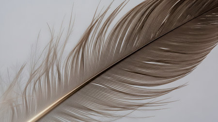 Shot showing close-up macro shot of a single brown bird feather with detailed barbs and rachis....の写真素材