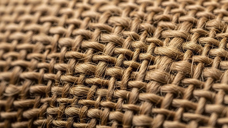 A detailed macro shot the tight weave and individual strands of a natural burlap fabric.