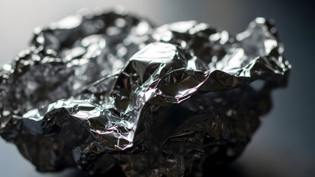 (4735) showing crinkled crumpled metallic aluminum foil ball reflecting light with sharp shadows...の写真素材