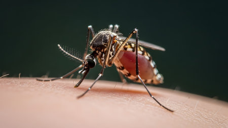 Macro showing a mosquito with a red abdomen on skin, against a dark green blurred backdrop.の写真素材