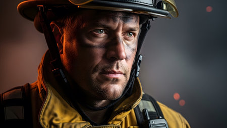 A close up portrait of a male firefighter wearing a yellow helmet and jacket with soot on his face.