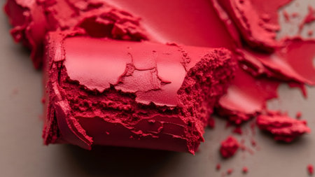 Shot showing close-up macro shot of crumbled red lipstick texture with jagged edges and...の写真素材