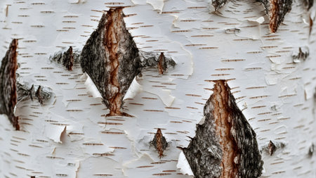Detailed close-up of white birch tree bark, showing peeling layers and dark brown fissures...の写真素材