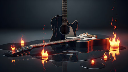 showing black electric guitar melting in fiery liquid with flames and reflections.の写真素材