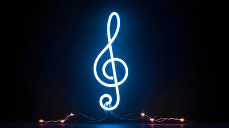 showing bright blue neon treble clef illuminated against a dark textured wall with...の写真素材