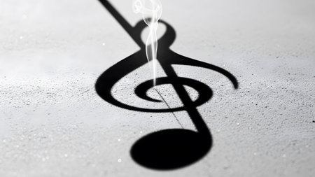 Rising showing black shadow of a treble clef with rising smoke on a textured, speckled white...の写真素材