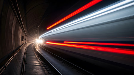 Showing curving train tunnel with red and white light trails showing fast motion and...
