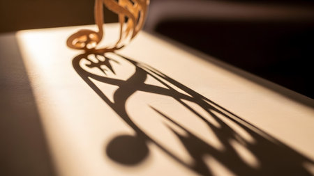 Light-colored showing intricate paper cutout treble clef casting a detailed shadow on a...
