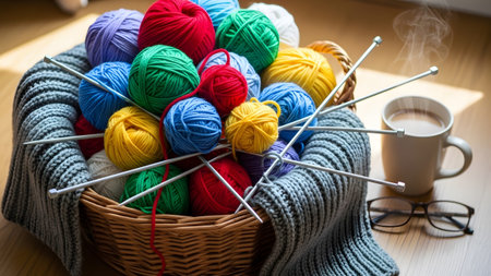 A basket brimming with colorful yarn and knitting needles sits next to a steaming mug of coffee...