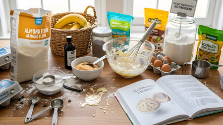 Arranged showing gluten-free baking ingredients including almond flour bananas eggs and a recipe...