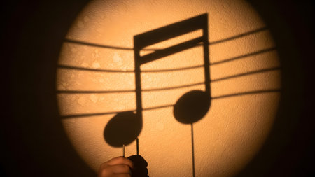 showing shadow of a musical eighth note projected onto a background with horizontal lines,...