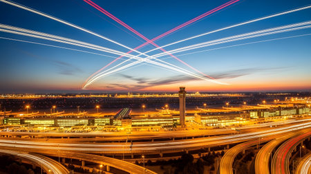 An airport at dusk light trails from aircraft crisscrossing the sky above illuminated buildings...
