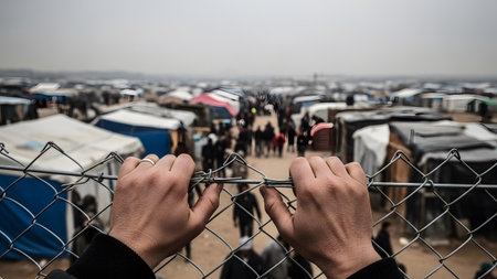 showing hands gripping a wire fence looking out over a refugee camp with tents and people....の写真素材