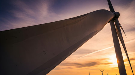 Wind turbine blade in foreground with sunset sky and distant turbines.